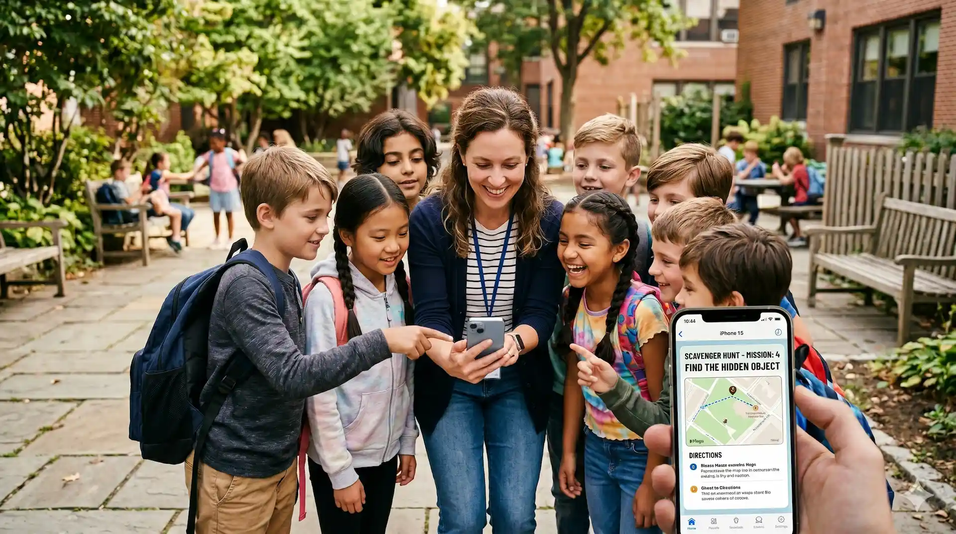 Teacher running an interactive scavenger hunt for students using a browser-based platform on a mobile phone
