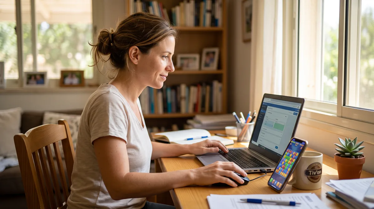 A creator building a scavenger hunt with an AI assistant on a laptop, phone beside it