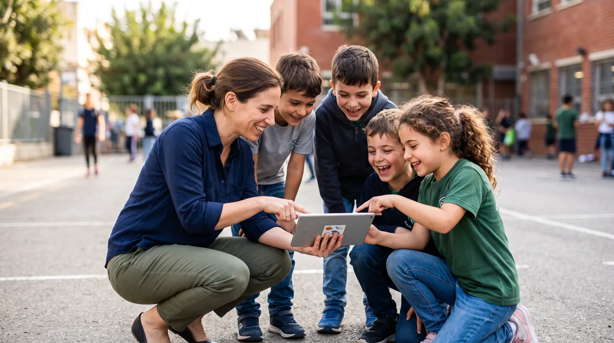 A teacher and students gathered around a tablet in a schoolyard during a game