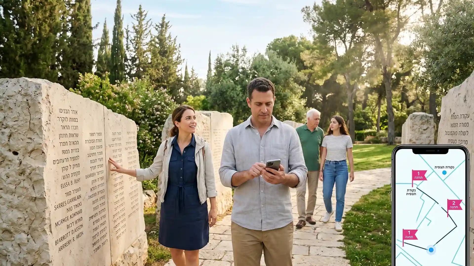 מבקר עומד באתר הנצחה ומאזין לעדות אישית דרך מדריך שמע דיגיטלי בדפדפן הסמארטפון שלו