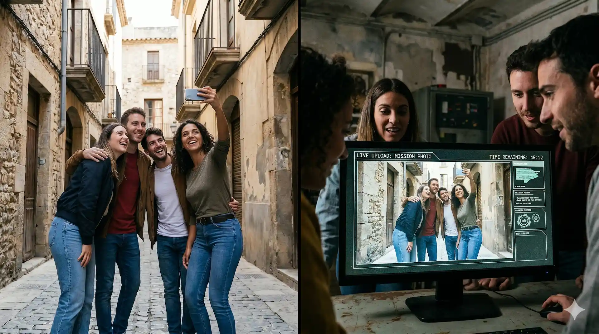 A team of outdoor escape game players taking a photo of a clue that instantly streams to an indoor dashboard for players inside the physical room