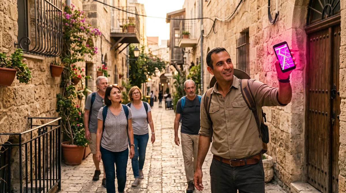 A tour guide leading a group through a stone alley with a phone showing a route map
