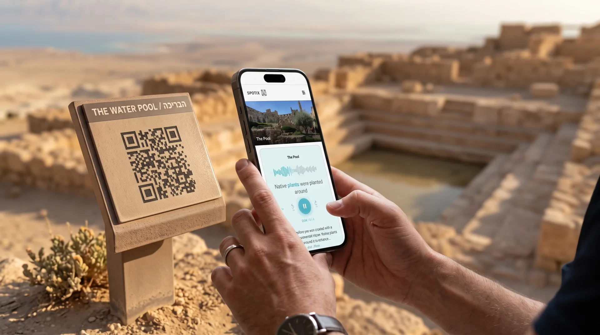 מבקרת במוזיאון סורקת קוד QR ליד מוצג ומאזינה להסבר מסונכרן בטלפון האישי