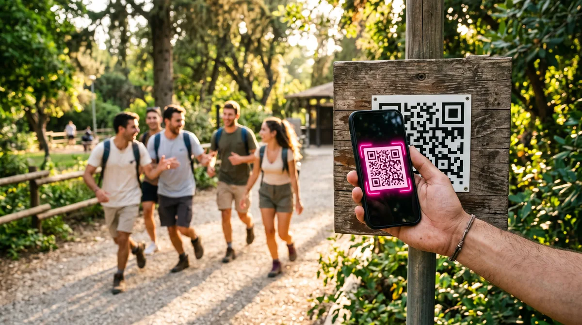 סריקת קוד QR בטלפון נייד במהלך משחק חפש את המטמון בפארק