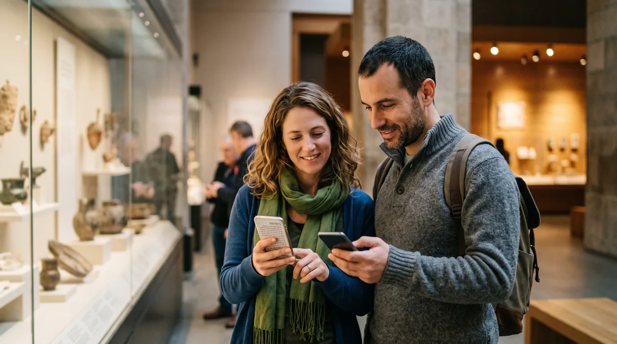 Tourists in a museum holding phones with a right-to-left Hebrew interface and an English one