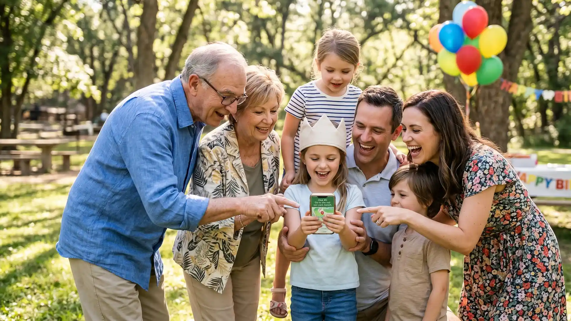 Happy family in a park playing a birthday party scavenger hunt with a smartphone and celebration decorations