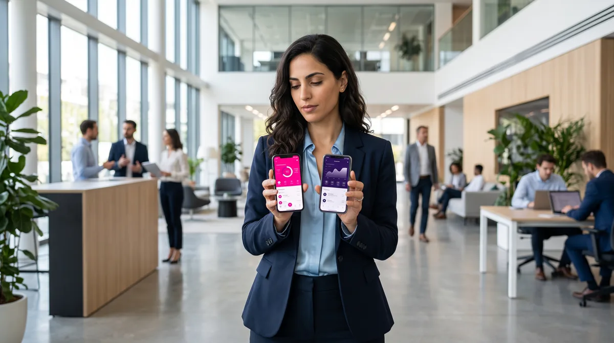 An HR manager comparing two scavenger hunt apps on two phones